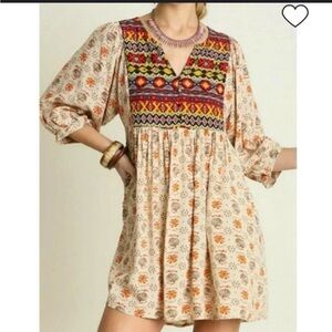 Umgee boho southwestern puff sleeve flowy tunic dress S